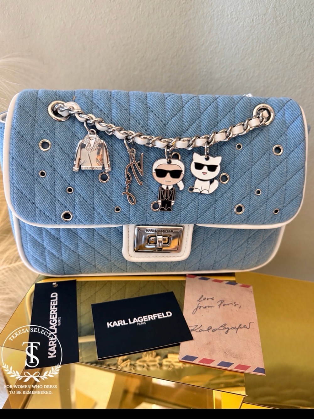 New Without Tags Karl Lagerfeld Denim Charm Bag Light Blue